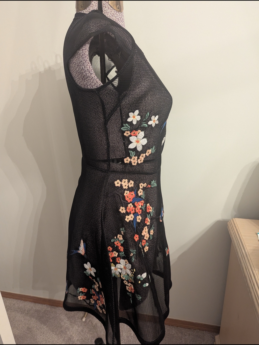 Guess Black Mesh Mini Dress with White and Orange Floral Embroidery - Picture 2 of 3